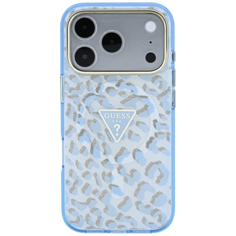 Husa Guess Leopard Glitter Triangle Logo MagSafe iPhone 17 Pro cu sclipici, bleu, GUHMP18LHLEGTGLU