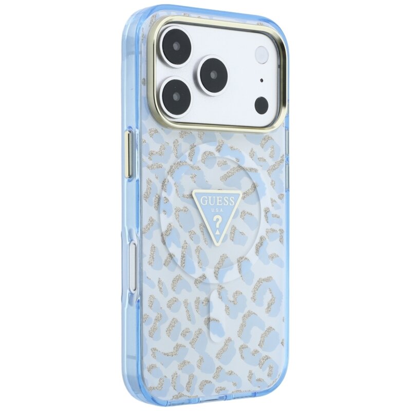 Husa Guess Leopard Glitter Triangle Logo MagSafe iPhone 17 Pro cu sclipici, bleu, GUHMP18LHLEGTGLU