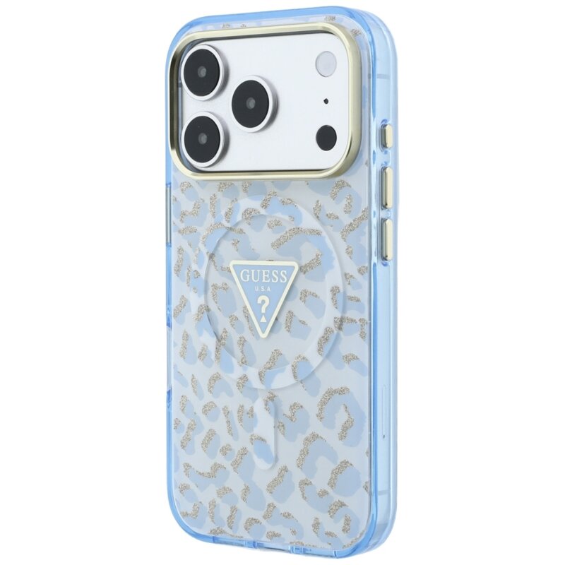 Husa Guess Leopard Glitter Triangle Logo MagSafe iPhone 17 Pro cu sclipici, bleu, GUHMP18LHLEGTGLU