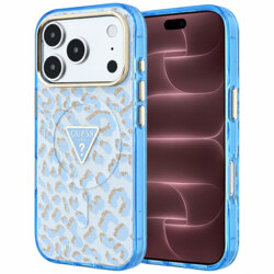 Husa Guess Leopard Glitter Triangle Logo MagSafe iPhone 18 Pro Max cu sclipici, bleu, GUHMP18XHLEGTGLU