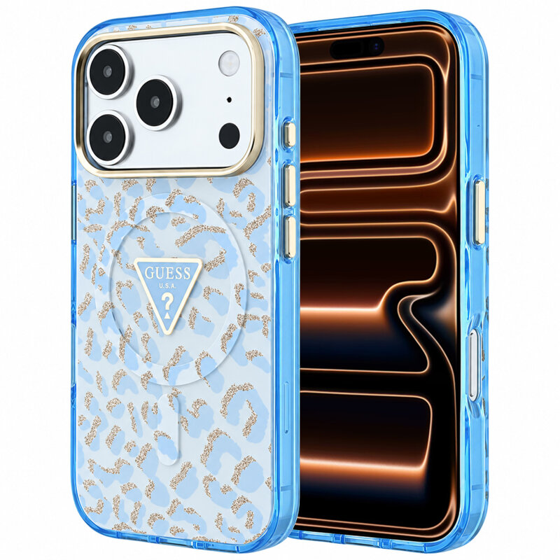 Husa Guess Leopard Glitter Triangle Logo MagSafe iPhone 17 Pro Max cu sclipici, bleu, GUHMP18XHLEGTGLU