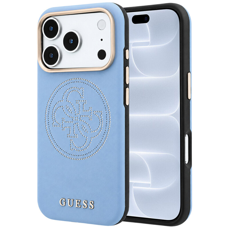 Husa iPhone 18 Pro Guess Leather Perforated 4G MagSafe, bleu, GUHMP18L6PS4SRGB
