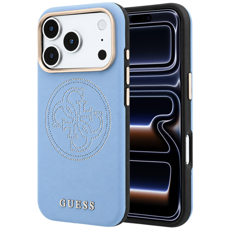 Husa iPhone 17 Pro Guess Leather Perforated 4G MagSafe, bleu, GUHMP18L6PS4SRGB