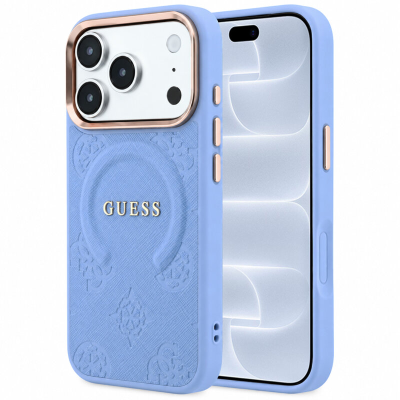 Husa Guess Saffiano Peony & Ring MagSafe iPhone 18 Pro, bleu, GUHMP18LPSAMSECB