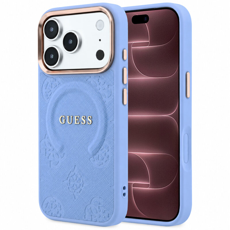 Husa Guess Saffiano Peony & Ring MagSafe iPhone 18 Pro Max, bleu, GUHMP18XPSAMSECB