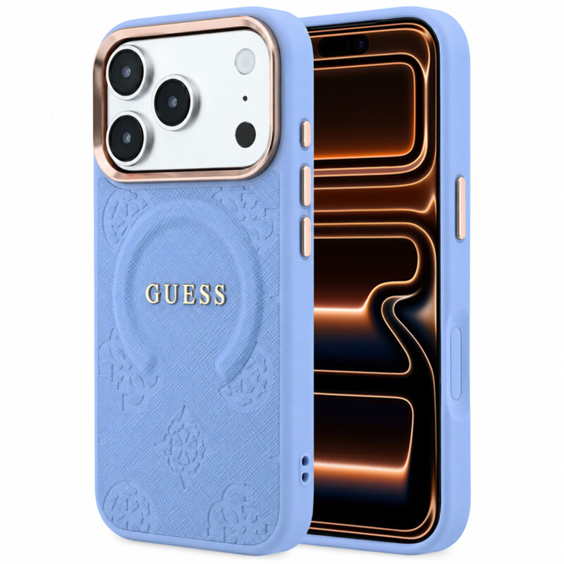 Husa Guess Saffiano Peony & Ring MagSafe iPhone 17 Pro Max, bleu, GUHMP18XPSAMSECB