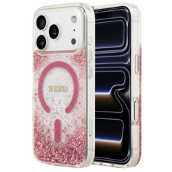 Husa Guess Resin Bottom Glitter MagSafe iPhone 17 Pro cu sclipici, roz, GUHMP18LRGRGEP