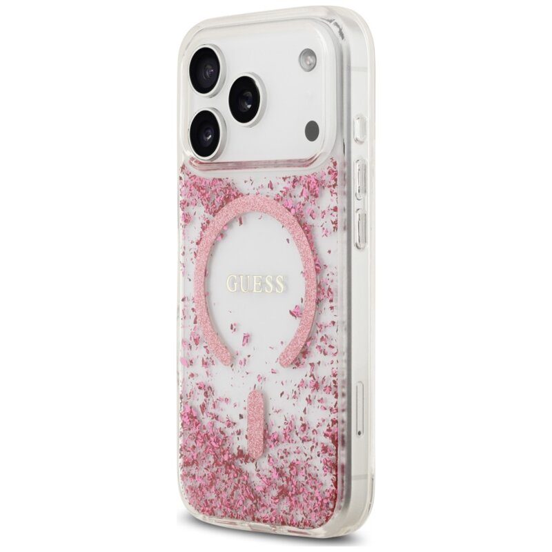 Husa Guess Resin Bottom Glitter MagSafe iPhone 17 Pro cu sclipici, roz, GUHMP18LRGRGEP