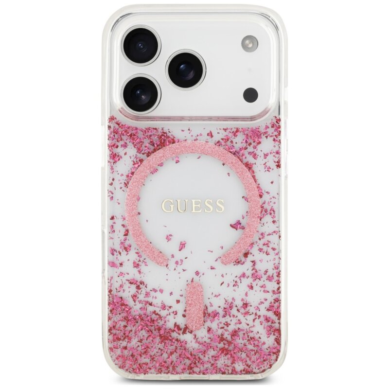 Husa Guess Resin Bottom Glitter MagSafe iPhone 17 Pro cu sclipici, roz, GUHMP18LRGRGEP