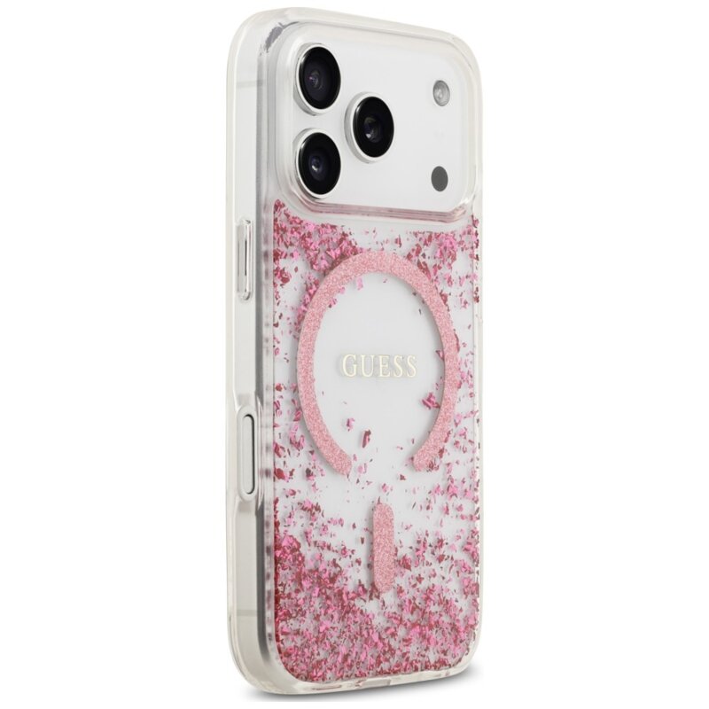 Husa Guess Resin Bottom Glitter MagSafe iPhone 17 Pro cu sclipici, roz, GUHMP18LRGRGEP