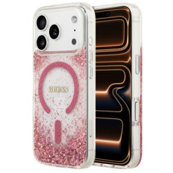 Husa Guess Resin Bottom Glitter MagSafe iPhone 17 Pro Max cu sclipici, roz, GUHMP18XRGRGEP