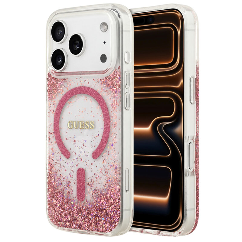 Husa Guess Resin Bottom Glitter MagSafe iPhone 17 Pro Max cu sclipici, roz, GUHMP18XRGRGEP