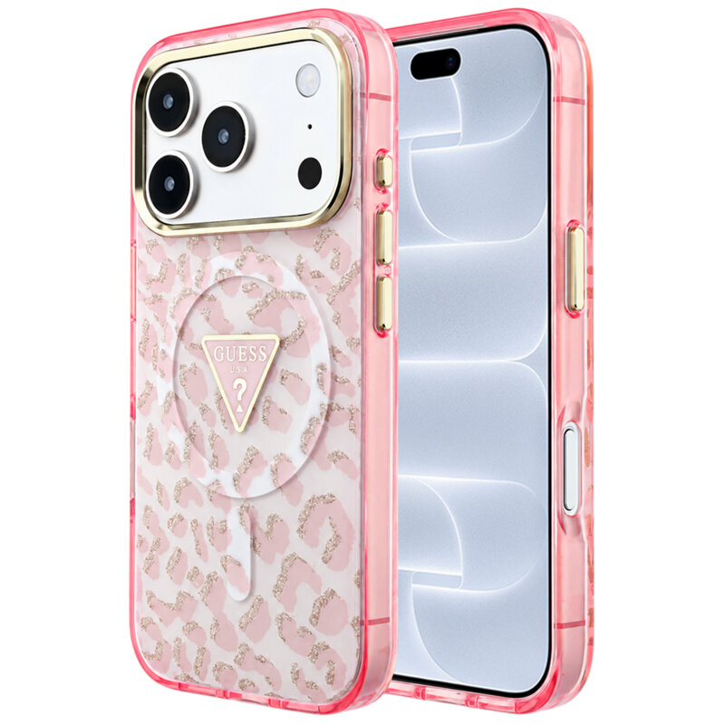 Husa Guess Leopard Glitter Triangle Logo MagSafe iPhone 18 Pro cu sclipici, roz, GUHMP18LHLEGTGLP