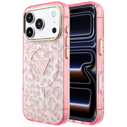 Husa Guess Leopard Glitter Triangle Logo MagSafe iPhone 17 Pro cu sclipici, roz, GUHMP18LHLEGTGLP
