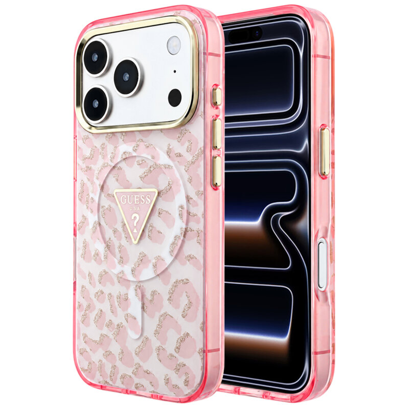 Husa Guess Leopard Glitter Triangle Logo MagSafe iPhone 17 Pro cu sclipici, roz, GUHMP18LHLEGTGLP