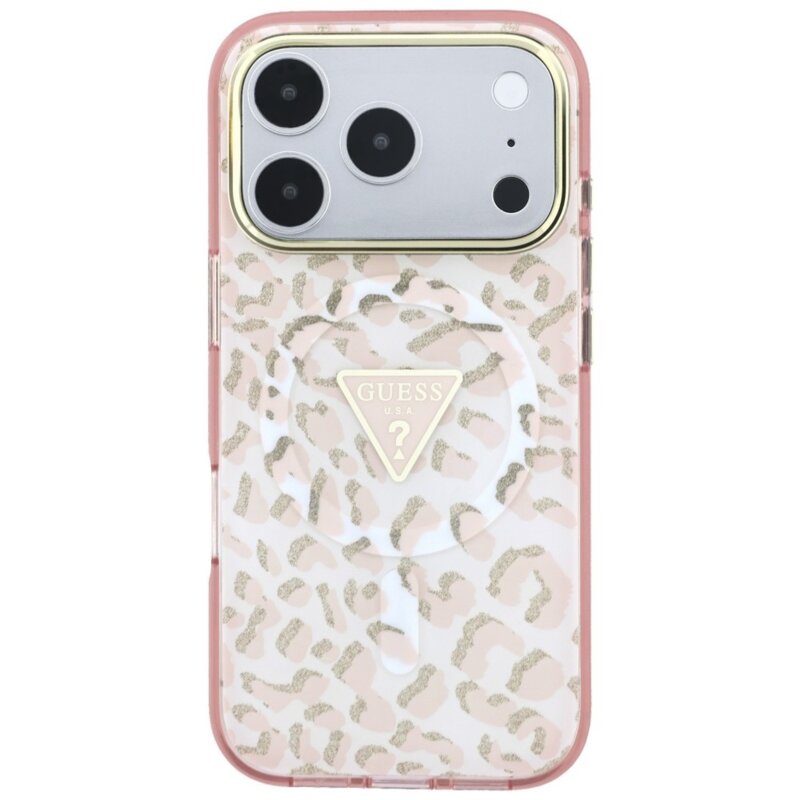 Husa Guess Leopard Glitter Triangle Logo MagSafe iPhone 17 Pro cu sclipici, roz, GUHMP18LHLEGTGLP