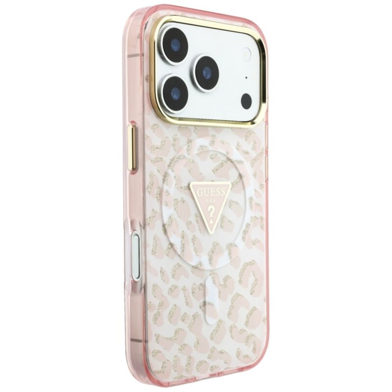 Husa Guess Leopard Glitter Triangle Logo MagSafe iPhone 17 Pro cu sclipici, roz, GUHMP18LHLEGTGLP