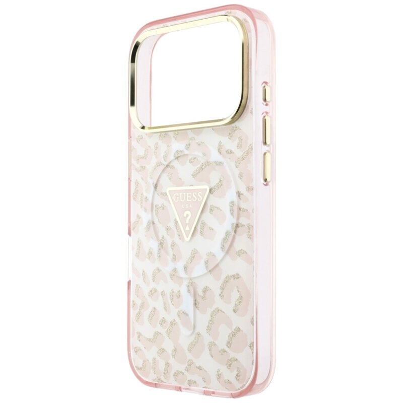 Husa Guess Leopard Glitter Triangle Logo MagSafe iPhone 17 Pro cu sclipici, roz, GUHMP18LHLEGTGLP