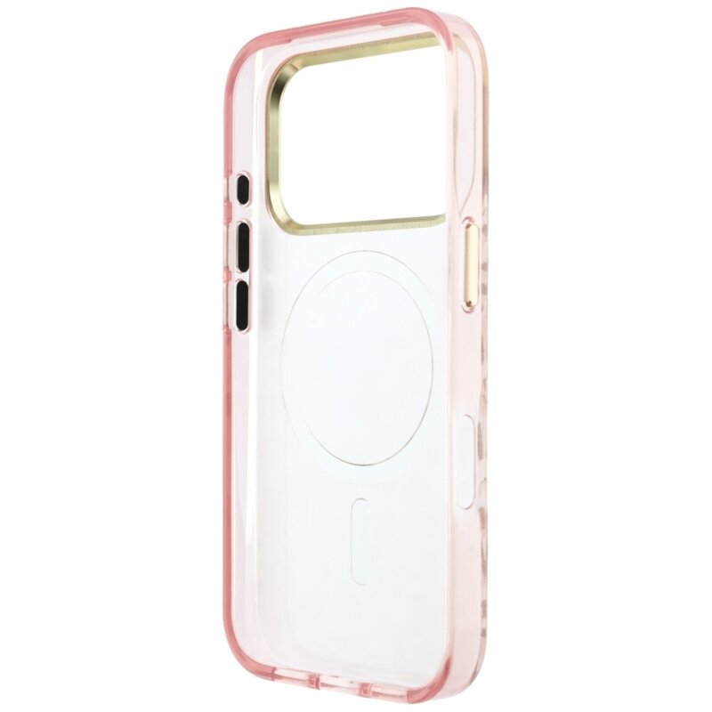 Husa Guess Leopard Glitter Triangle Logo MagSafe iPhone 17 Pro cu sclipici, roz, GUHMP18LHLEGTGLP
