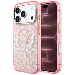 Husa Guess Leopard Glitter Triangle Logo MagSafe iPhone 18 Pro Max cu sclipici, roz, GUHMP18XHLEGTGLP