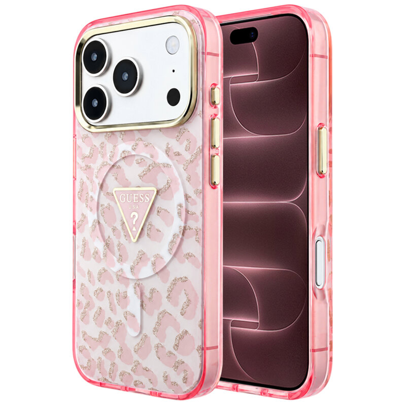 Husa Guess Leopard Glitter Triangle Logo MagSafe iPhone 18 Pro Max cu sclipici, roz, GUHMP18XHLEGTGLP