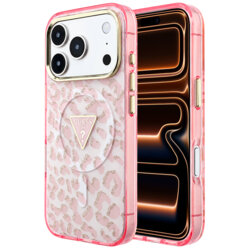 Husa Guess Leopard Glitter Triangle Logo MagSafe iPhone 17 Pro Max cu sclipici, roz, GUHMP18XHLEGTGLP