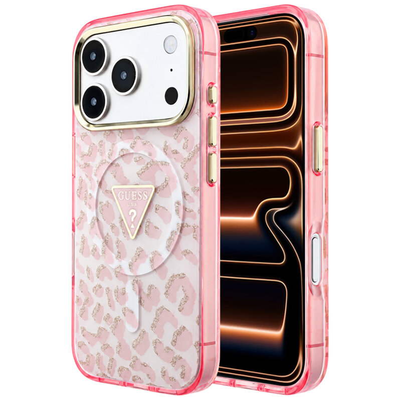 Husa Guess Leopard Glitter Triangle Logo MagSafe iPhone 17 Pro Max cu sclipici, roz, GUHMP18XHLEGTGLP