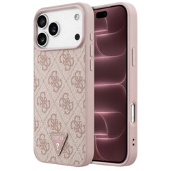 Husa iPhone 18 Pro Max Guess Leather 4G Triangle Strass MagSafe, roz, GUHMP18XP4TDPP