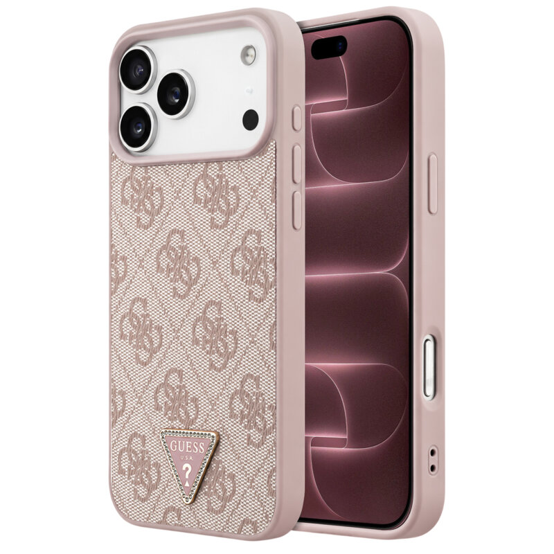Husa iPhone 18 Pro Max Guess Leather 4G Triangle Strass MagSafe, roz, GUHMP18XP4TDPP