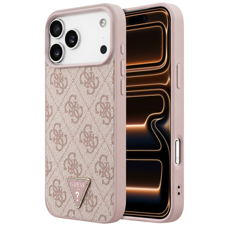 Husa iPhone 17 Pro Max Guess Leather 4G Triangle Strass MagSafe, roz, GUHMP18XP4TDPP