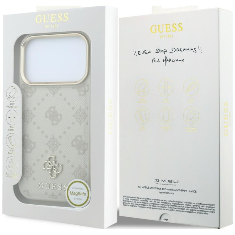 Husa Guess iPhone 17 Pro Max Leather Stripe Peony 4G MagSafe, bej, GUHMP18X6PGSU4EE