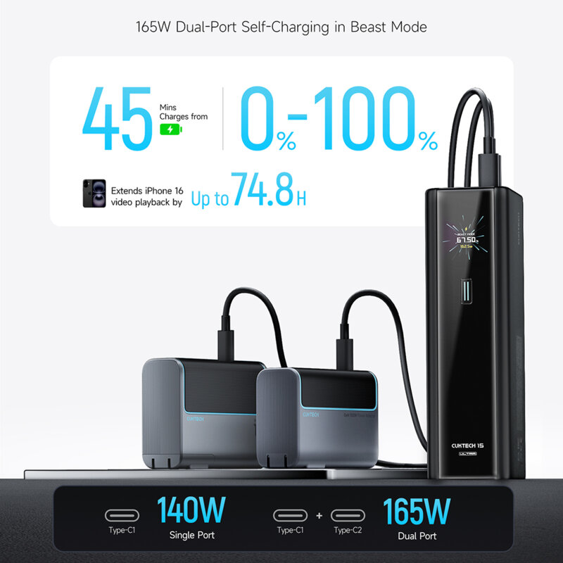 Baterie 20000mAh, 210W cu cablu USB-C 240W Cuktech, negru, PB200U