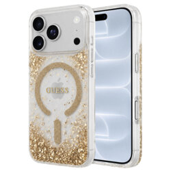 Husa Guess Resin Bottom Glitter MagSafe iPhone 18 Pro cu sclipici, auriu, GUHMP18LRGRGED