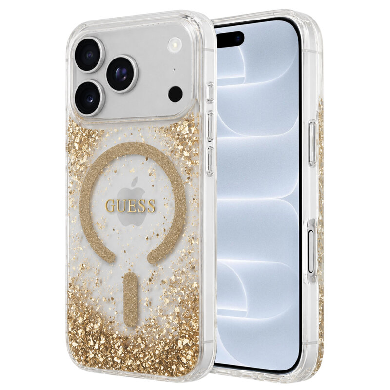 Husa Guess Resin Bottom Glitter MagSafe iPhone 18 Pro cu sclipici, auriu, GUHMP18LRGRGED