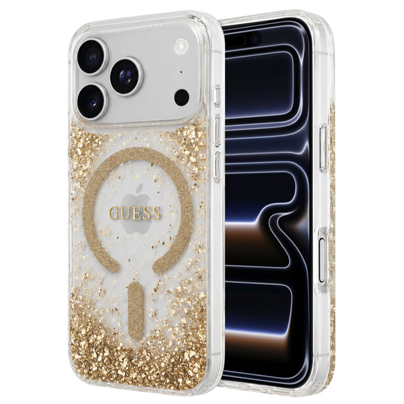Husa Guess Resin Bottom Glitter MagSafe iPhone 17 Pro cu sclipici, auriu, GUHMP18LRGRGED
