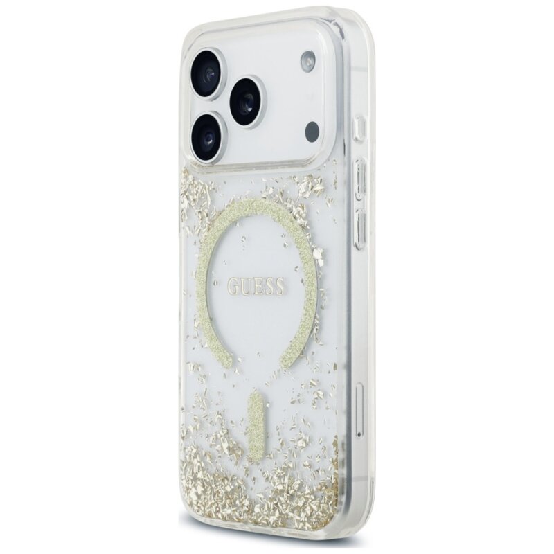 Husa Guess Resin Bottom Glitter MagSafe iPhone 17 Pro cu sclipici, auriu, GUHMP18LRGRGED