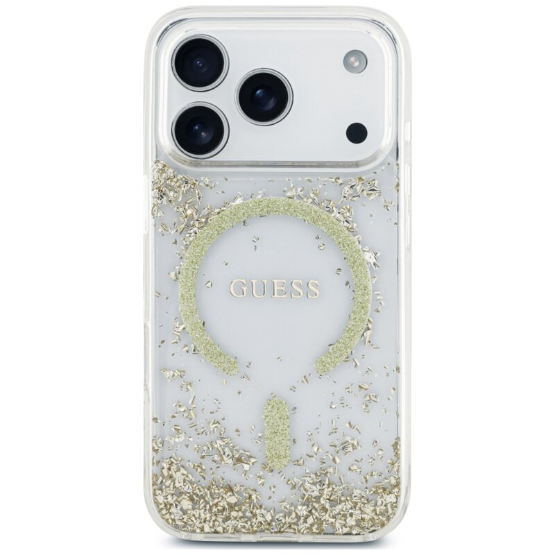 Husa Guess Resin Bottom Glitter MagSafe iPhone 17 Pro Max cu sclipici, auriu, GUHMP18XRGRGED