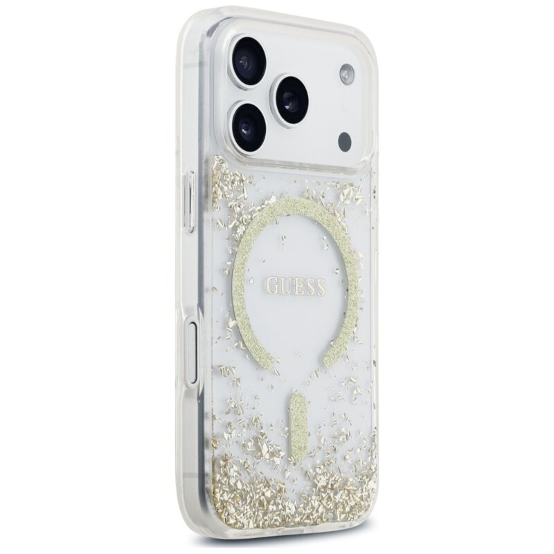 Husa Guess Resin Bottom Glitter MagSafe iPhone 17 Pro Max cu sclipici, auriu, GUHMP18XRGRGED