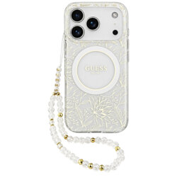 Husa iPhone 17 Pro originala Guess IML Flowers Electroplated with Pearl Strap MagSafe, alb, GUHMP18LHCPOFPH