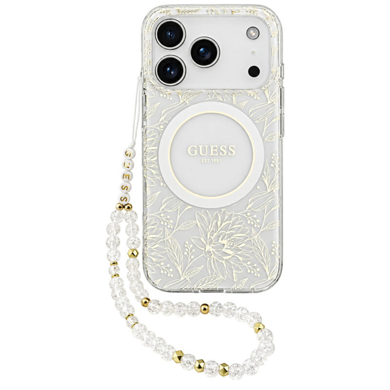 Husa iPhone 17 Pro originala Guess IML Flowers Electroplated with Pearl Strap MagSafe, alb, GUHMP18LHCPOFPH