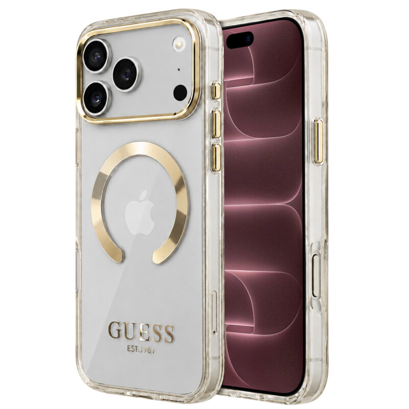 Husa iPhone 18 Pro Max originala Guess Metal Outline MagSafe, auriu, GUHMP18XHTRMD