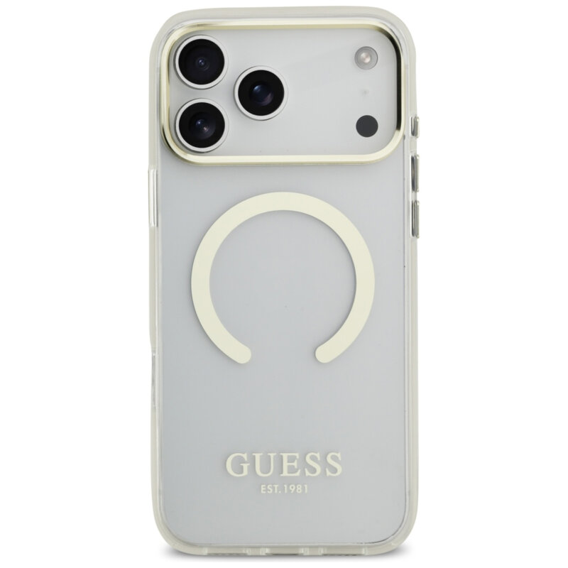 Husa iPhone 17 Pro Max originala Guess Metal Outline MagSafe, auriu, GUHMP18XHTRMD