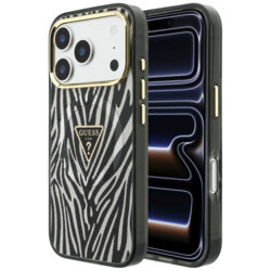 Husa Guess Zebra Glitter Triangle Logo MagSafe iPhone 17 Pro cu sclipici, negru/argintiu, GUHMP18L6HZPGTLS