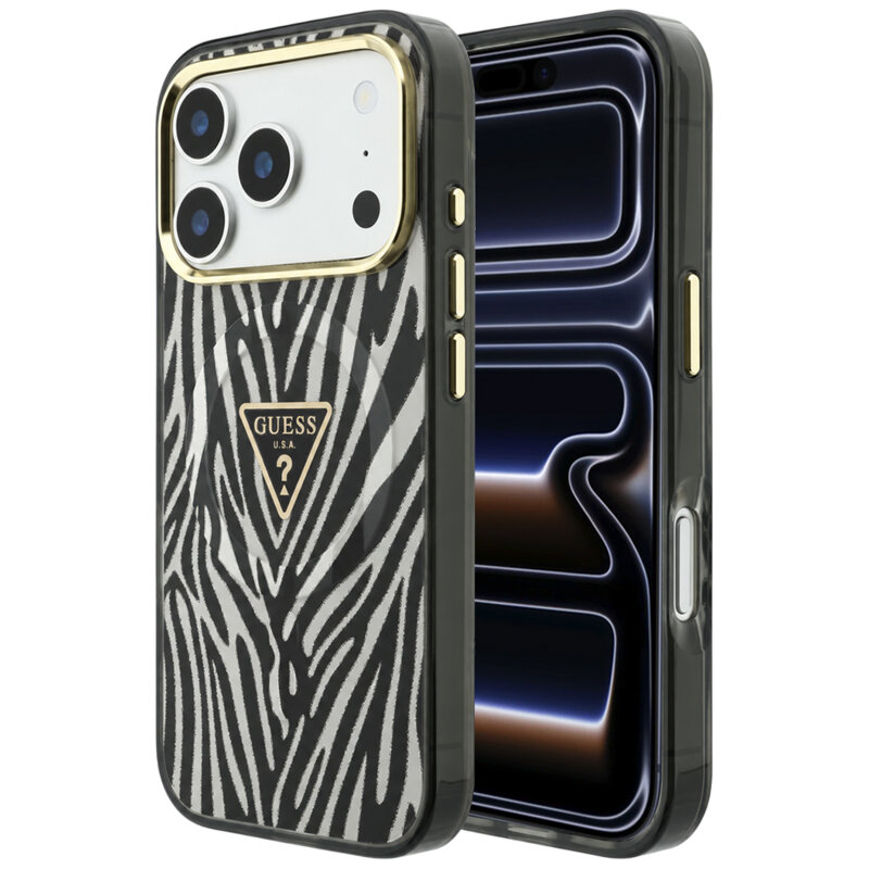 Husa Guess Zebra Glitter Triangle Logo MagSafe iPhone 17 Pro cu sclipici, negru/argintiu, GUHMP18L6HZPGTLS