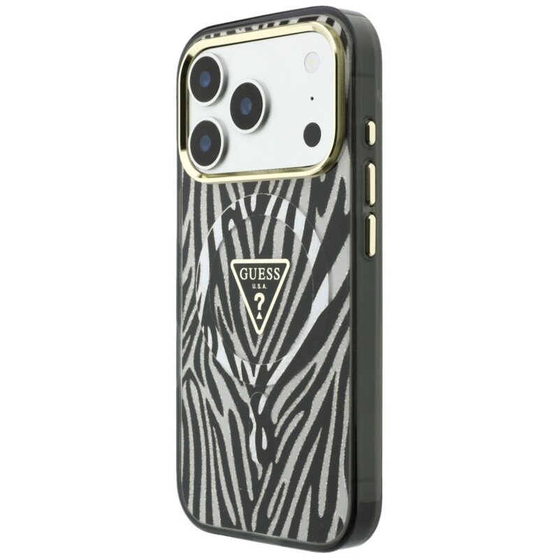 Husa Guess Zebra Glitter Triangle Logo MagSafe iPhone 17 Pro cu sclipici, negru/argintiu, GUHMP18L6HZPGTLS