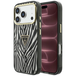 Husa Guess Zebra Glitter Triangle Logo MagSafe iPhone 18 Pro Max cu sclipici, negru/argintiu, GUHMP18X6HZPGTLS