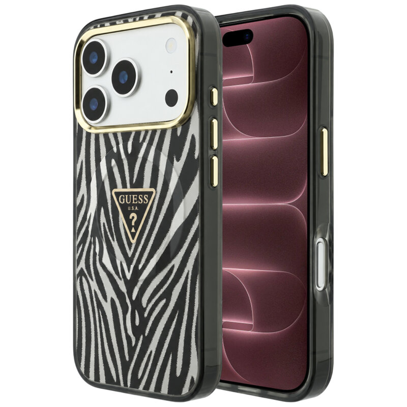 Husa Guess Zebra Glitter Triangle Logo MagSafe iPhone 18 Pro Max cu sclipici, negru/argintiu, GUHMP18X6HZPGTLS