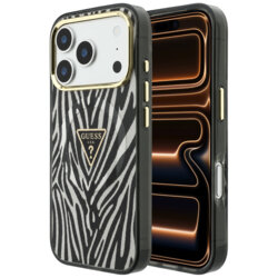 Husa Guess Zebra Glitter Triangle Logo MagSafe iPhone 17 Pro Max cu sclipici, negru/argintiu, GUHMP18X6HZPGTLS