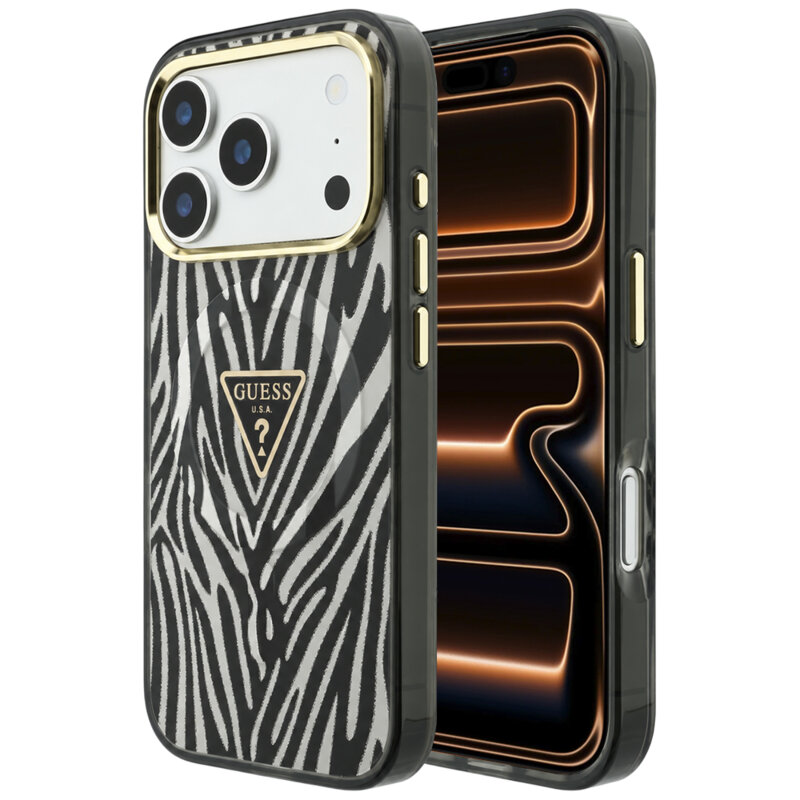 Husa Guess Zebra Glitter Triangle Logo MagSafe iPhone 17 Pro Max cu sclipici, negru/argintiu, GUHMP18X6HZPGTLS