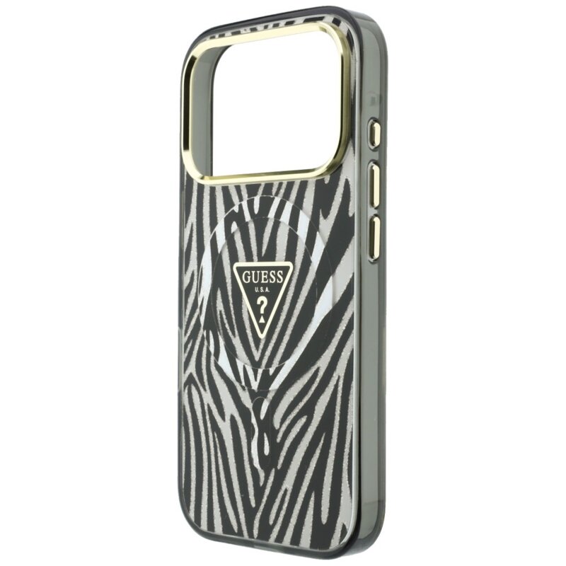 Husa Guess Zebra Glitter Triangle Logo MagSafe iPhone 17 Pro Max cu sclipici, negru/argintiu, GUHMP18X6HZPGTLS